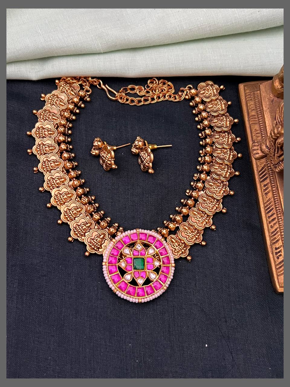 Pink Flower Stone Pendant with Matte Finish Lakshmi Kaasu Necklace in Kundan  - KN00578