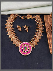 Pink Flower Stone Pendant with Matte Finish Lakshmi Kaasu Necklace in Kundan  - KN00578