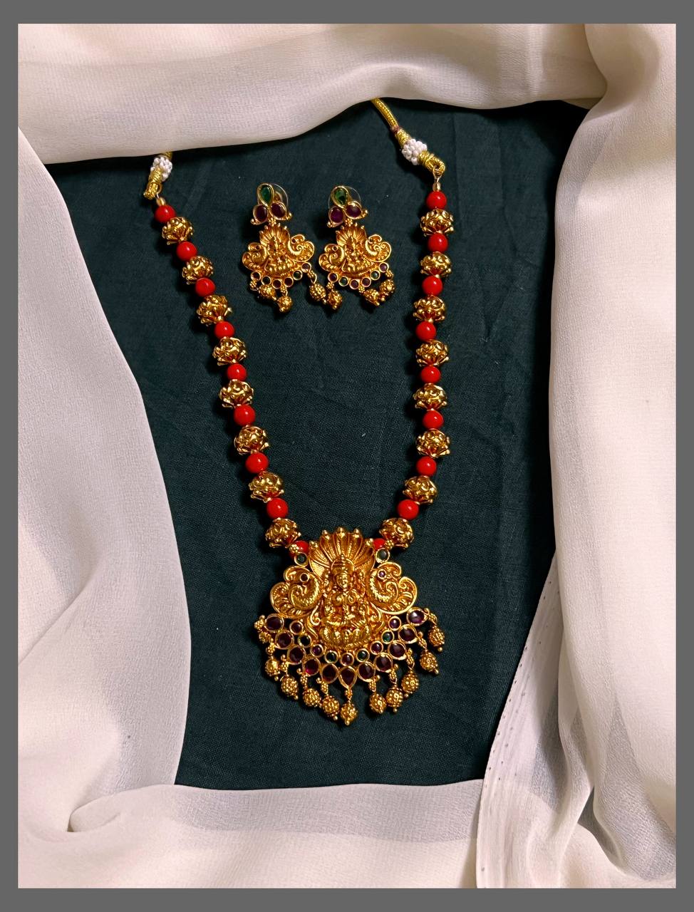 Coral Beads with Lakshmi Pendant Necklace - PB00300