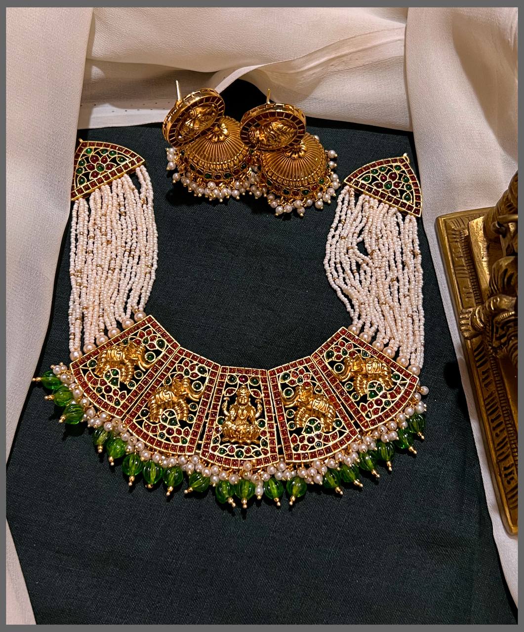 White Pearl Necklace with lakshmi and Elephant Pendant in Nakshi - PB00434