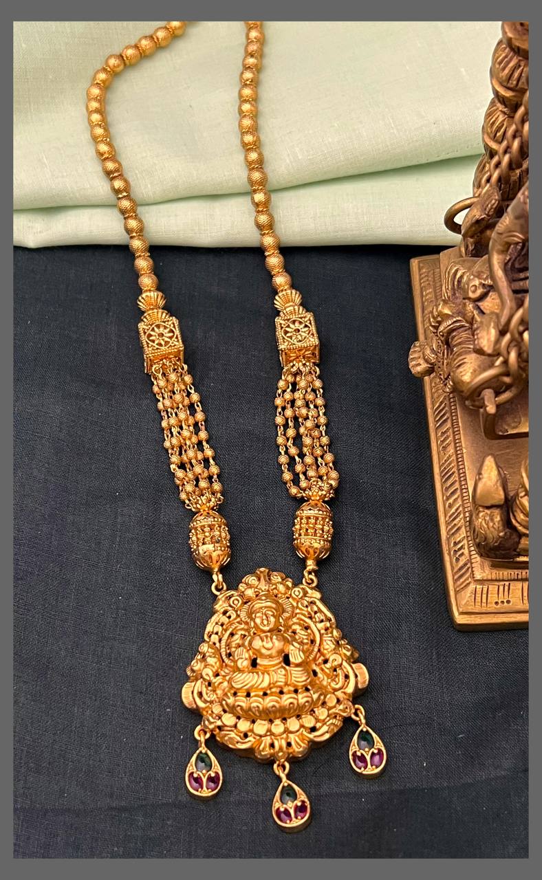 Gold Pearl Haram with  Lakshmi Pendant in Nakshi - PB00537