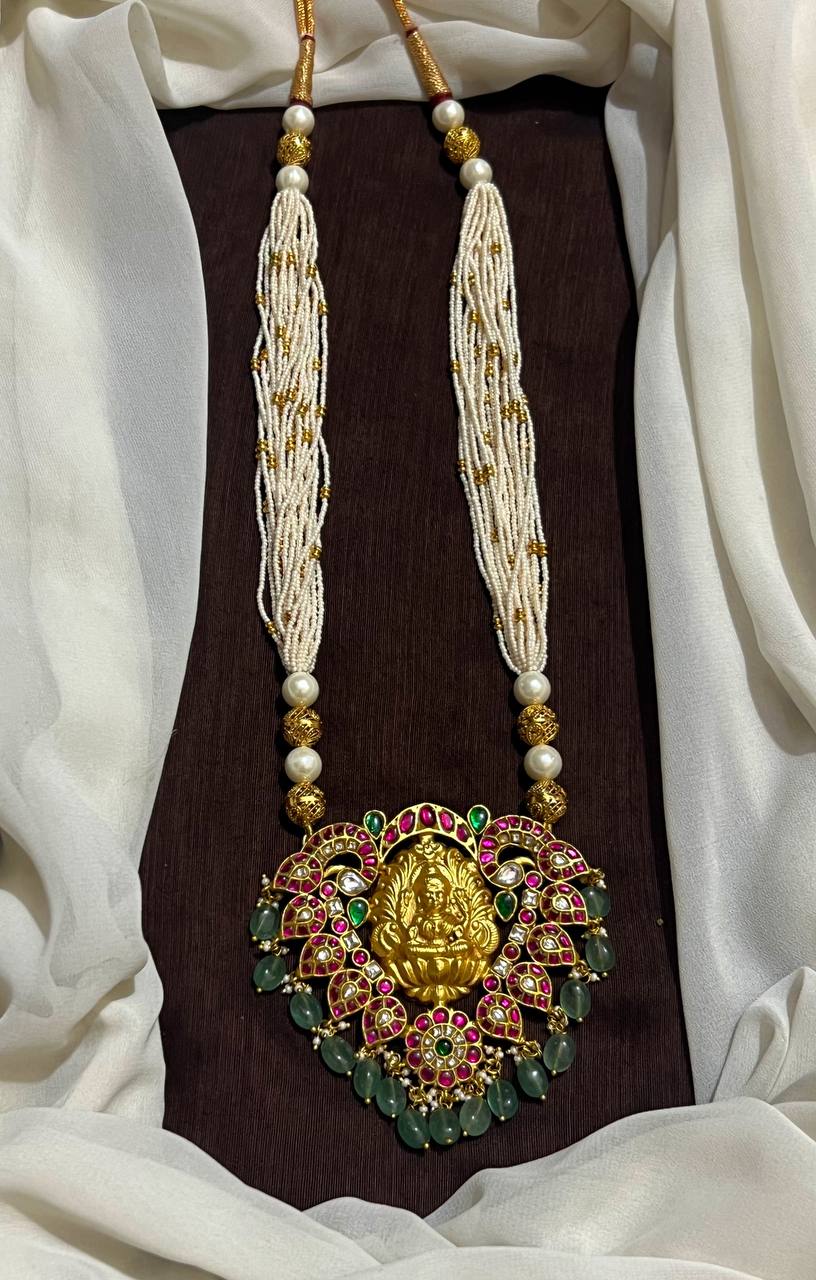 White Sugar beads Haram With Jadau lakshmi Pendant - PB00635