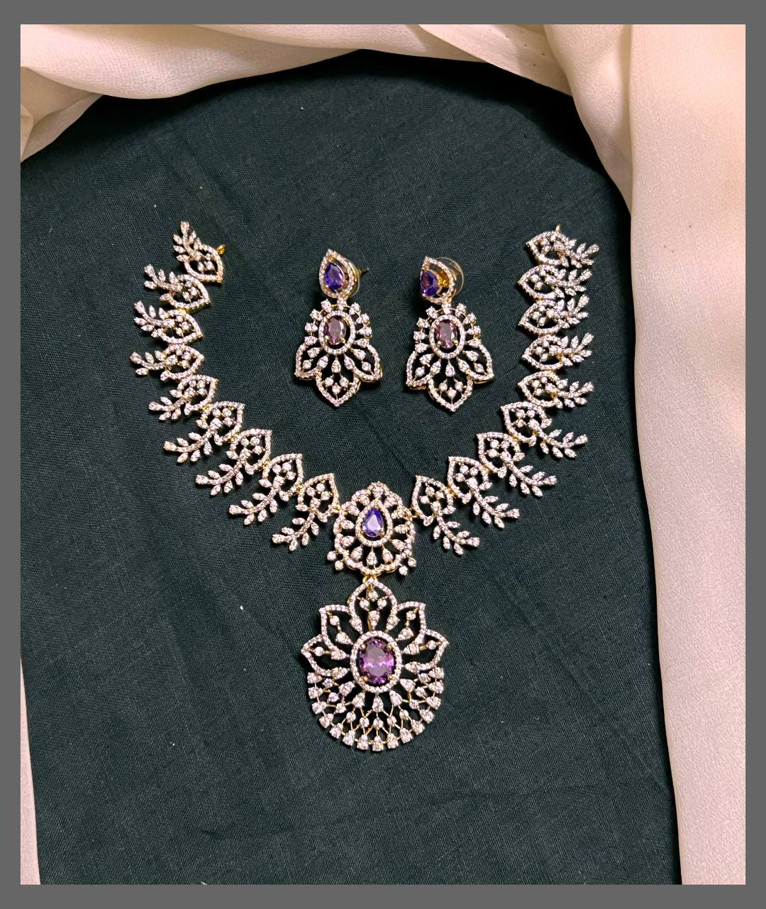 Beautiful Rich  Leaf Design White Stone with Purple Stone Necklace in Diamond - DN0057