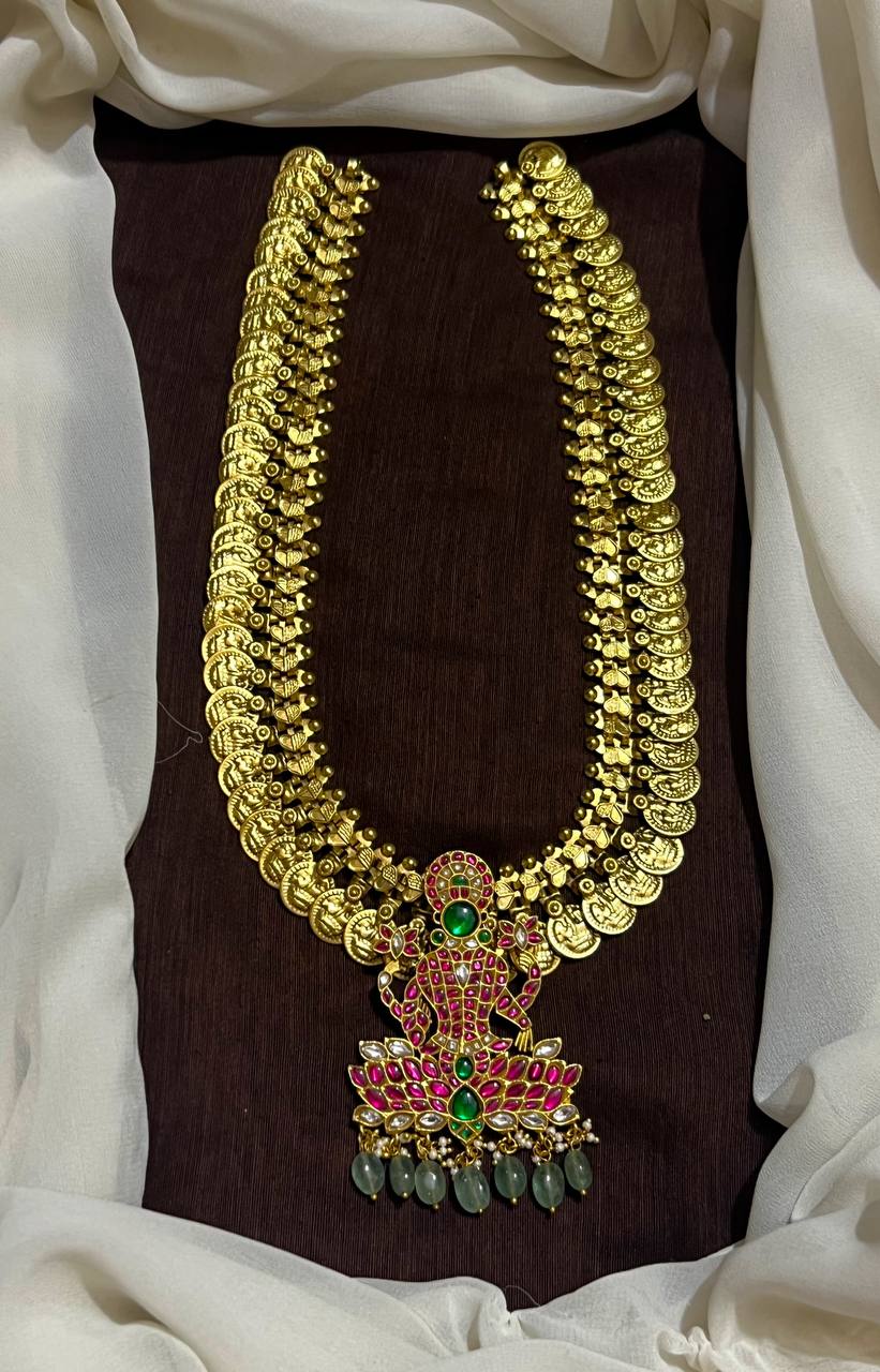 Antique Gold Polish Kaasu Long Haram With Lakshmi Pendant - KH00242