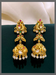 Jadau Stone Nakshi Peacock Long Jhumkis - KE00344