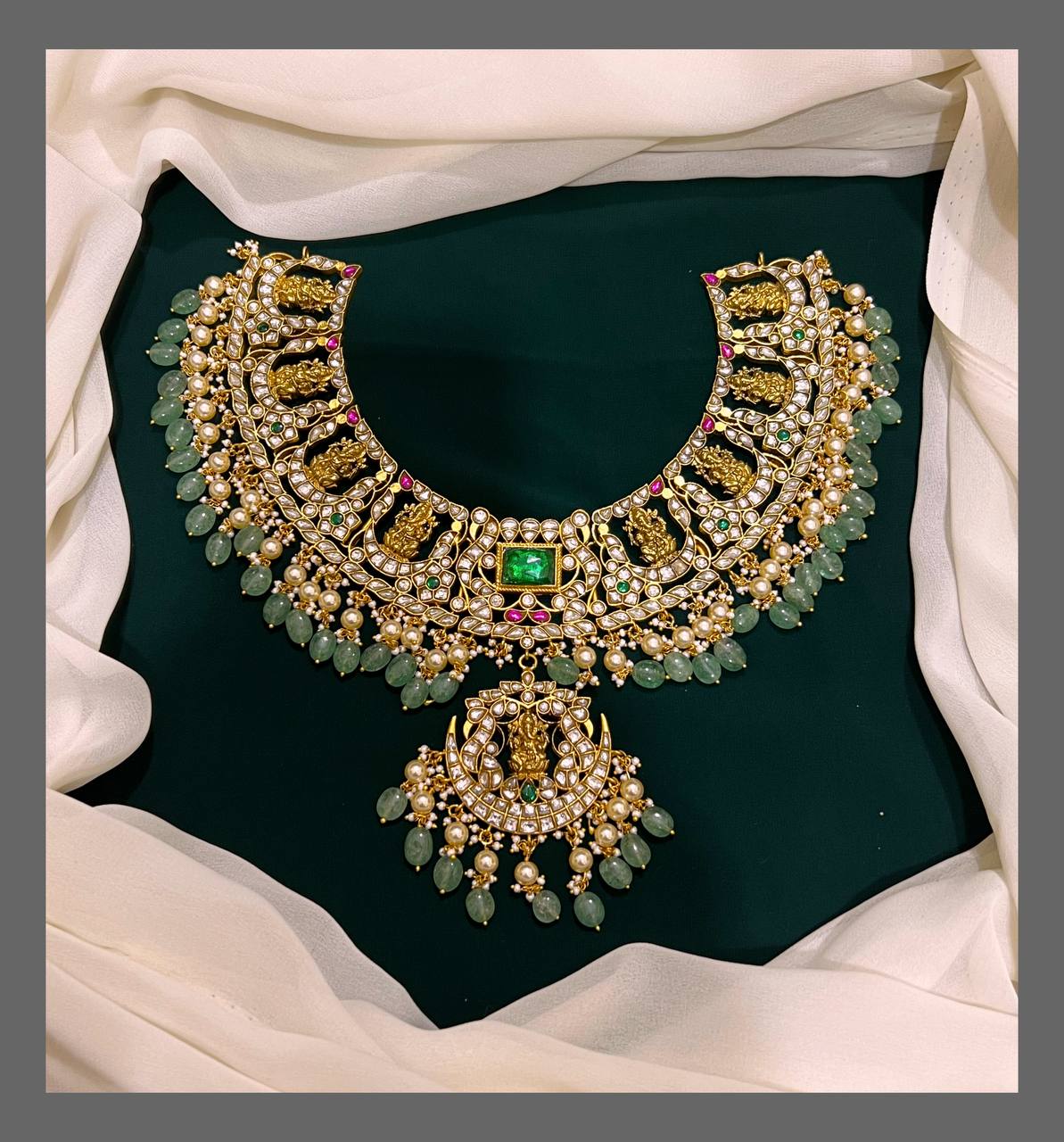 Jadau Ganesha Necklace With Swaroski Pearls - KN00342