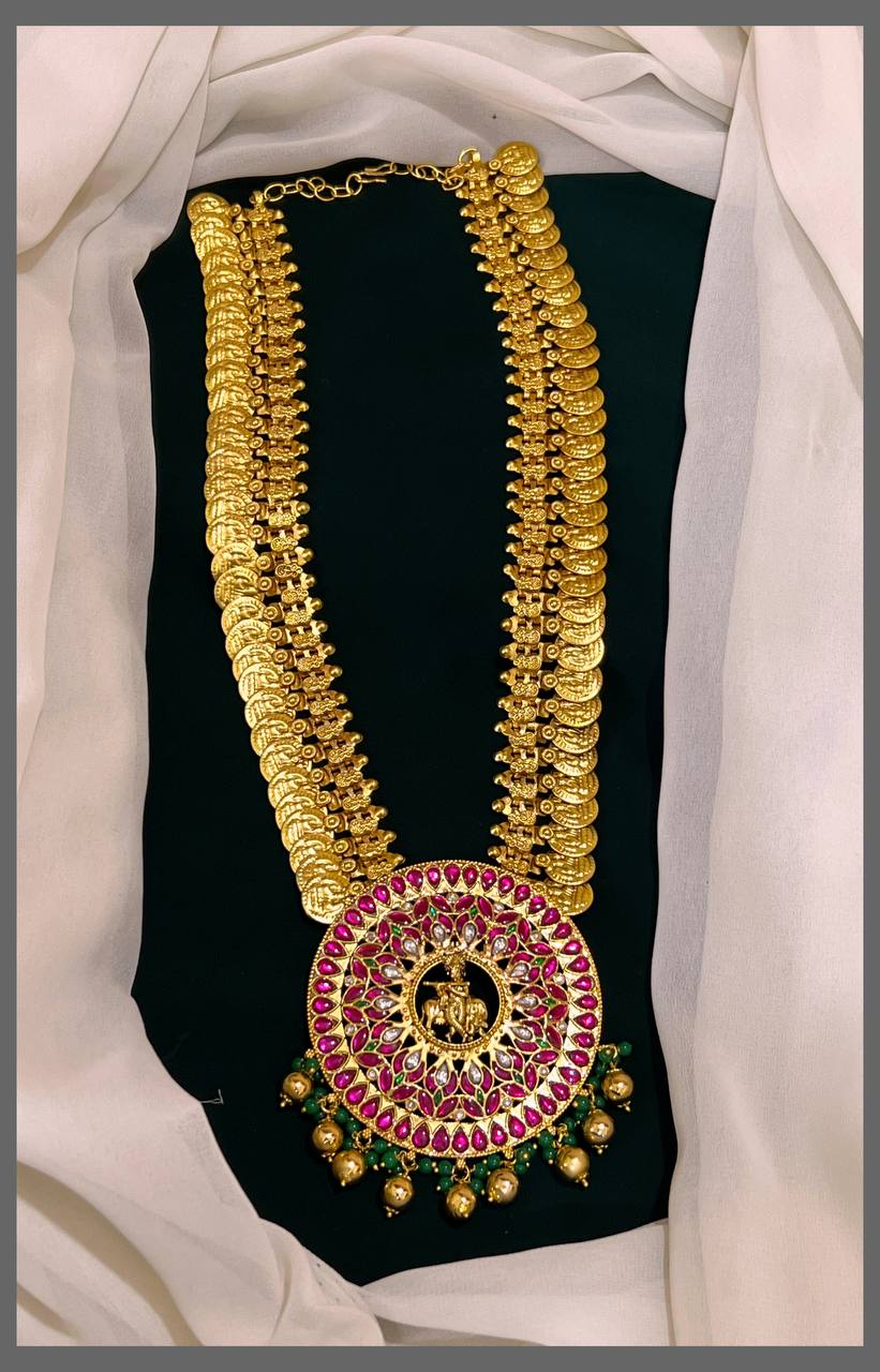 Kaasu Long Haram With Krishna Jadau Pendant - KH00286