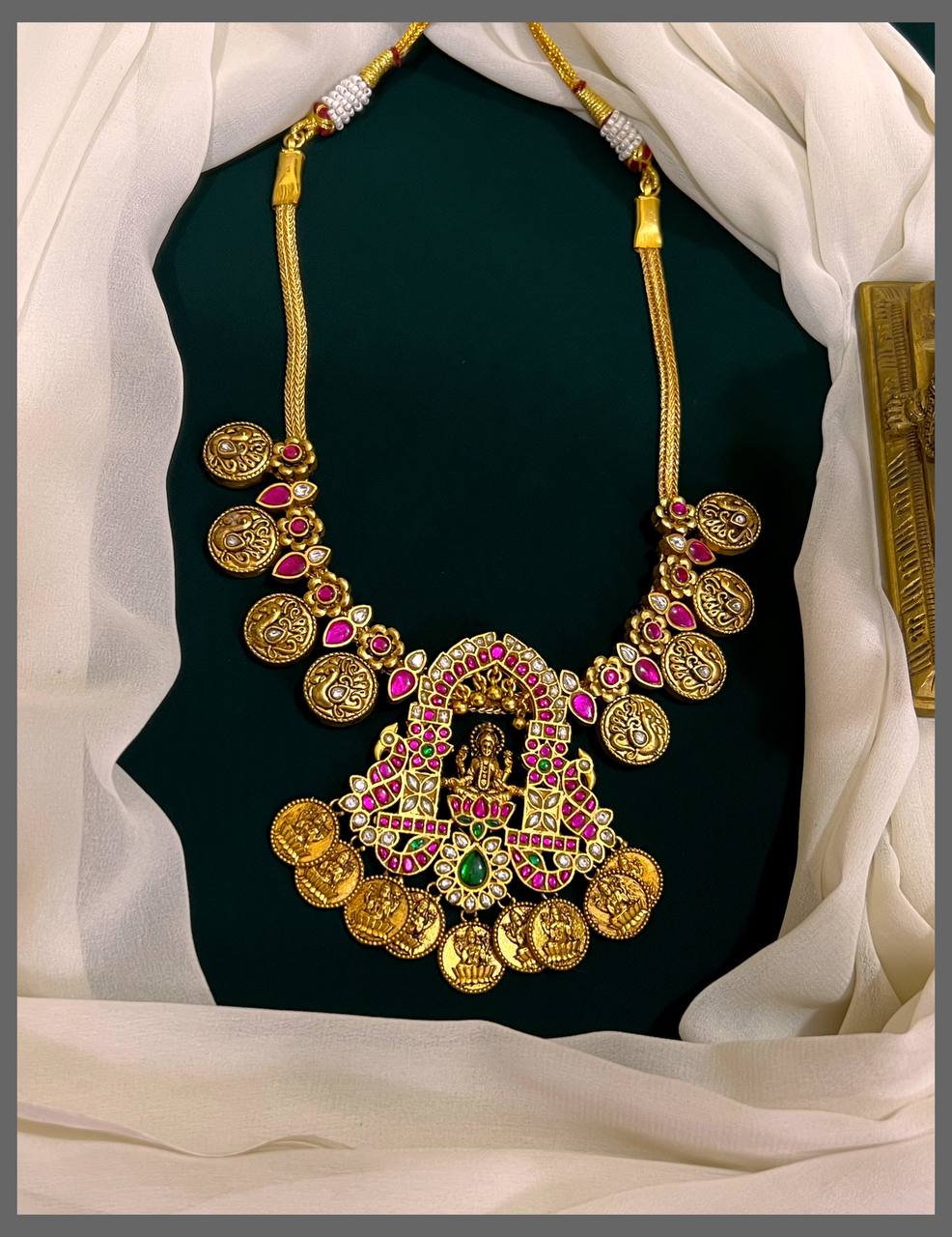 Peacock and Lakshmi Kasu Necklace With Lakshmi Pendent - KN00473