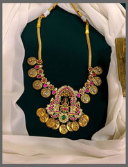 Peacock and Lakshmi Kasu Necklace With Lakshmi Pendent - KN00473