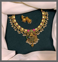 Lakshmi with peacock Pendent with Elephant Necklace in Kundan - KN00508