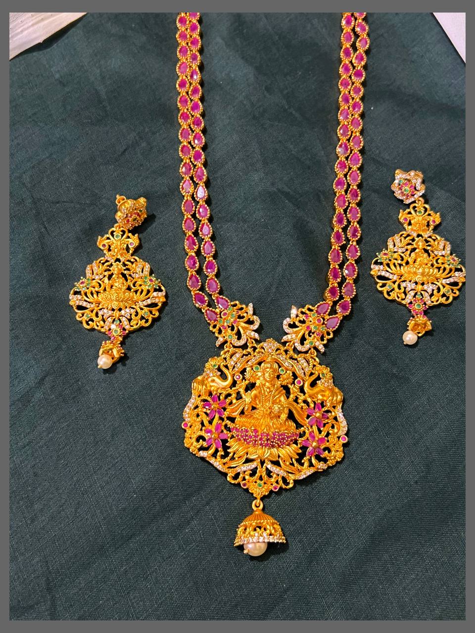Double Layer Ruby Haram with Lakshmi Pendant in Nakshi - NH00298