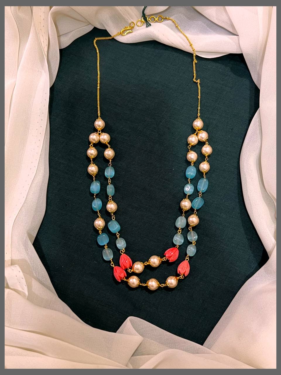 Double Layer Pink Flower Beads with Blue and Cream Beads Haram - PB00395