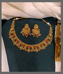 Rich Coral Necklace with Flower Chain in Nakshi - NN00643
