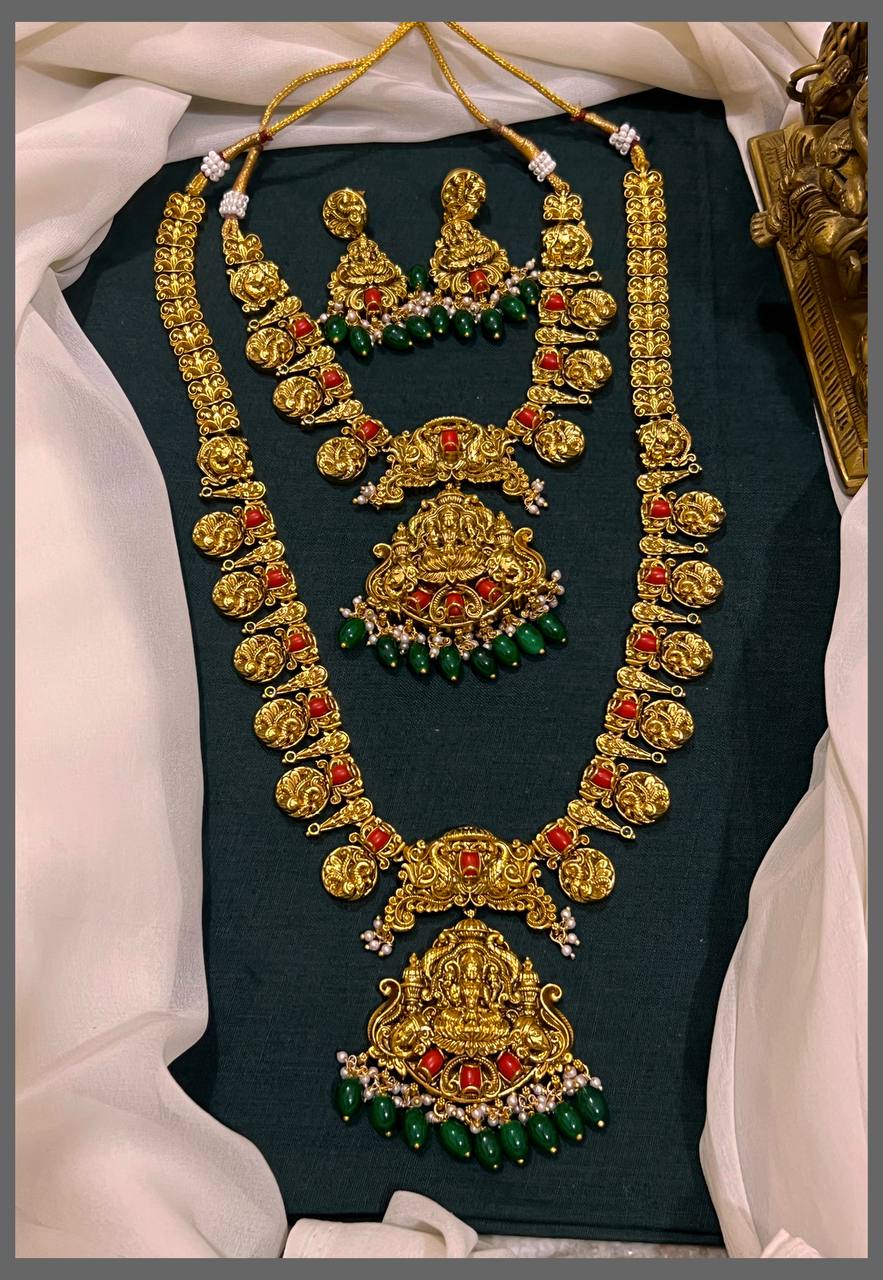 Rich Coral Lakshmi Pendant with Peacock Kassu Bridal set in Nakshi - BR0052