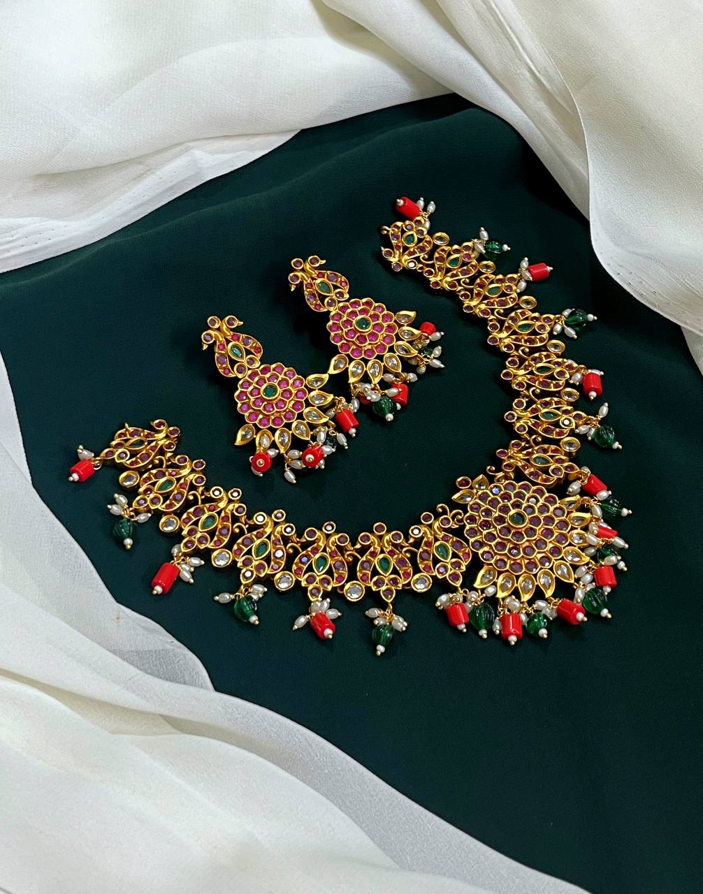 Kempu Flower and Peacock Necklace In Nakshi - NN00653