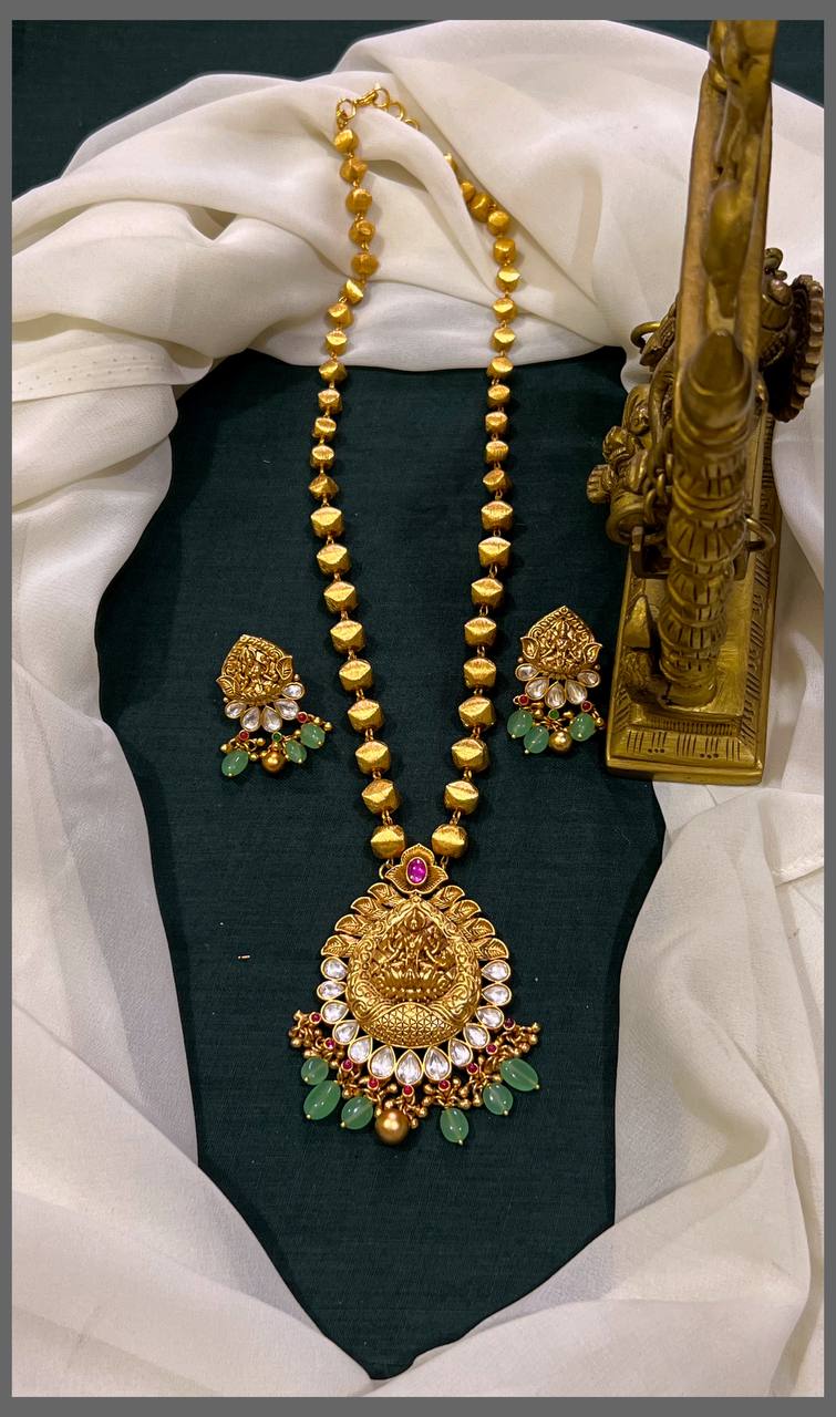Gold Beads Haram With Lakshmi Pendant and Pearls - PB00465