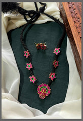 Lotus Flower with small Lakshmi  Kundan Pendant in Black Dori - BD00114
