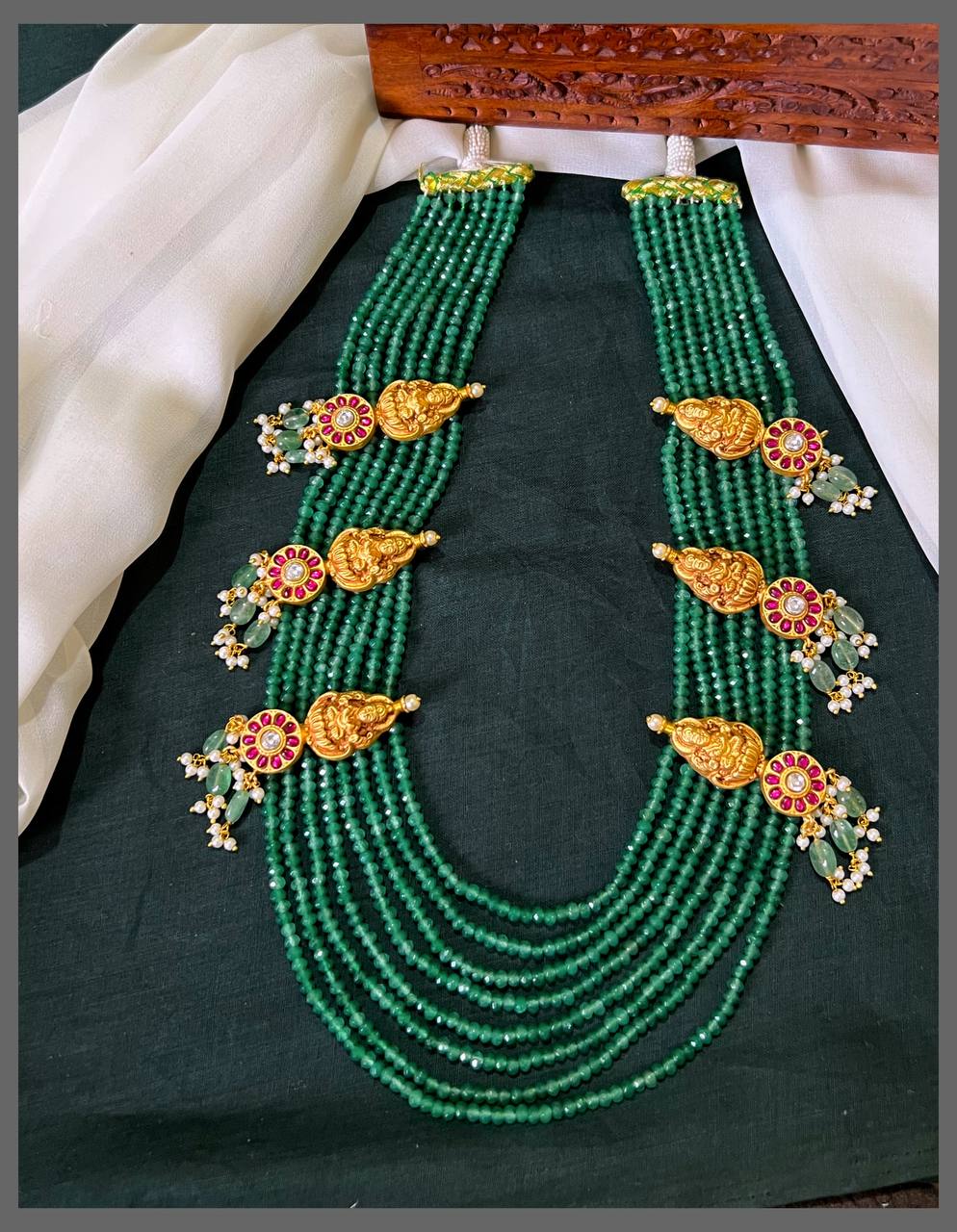 Emerald Pearl Haram With Side Lakshmi and Flower Pendant - PB00477