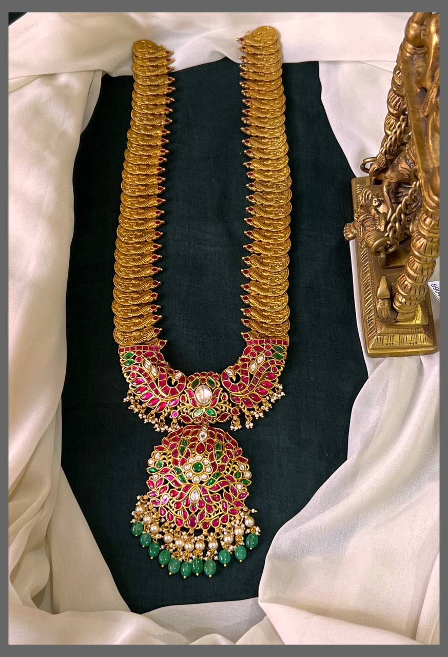 Rani Haram Pendant in Multi Stone Kundan Pendant with Kaasu Haram in Kundan - KH00335