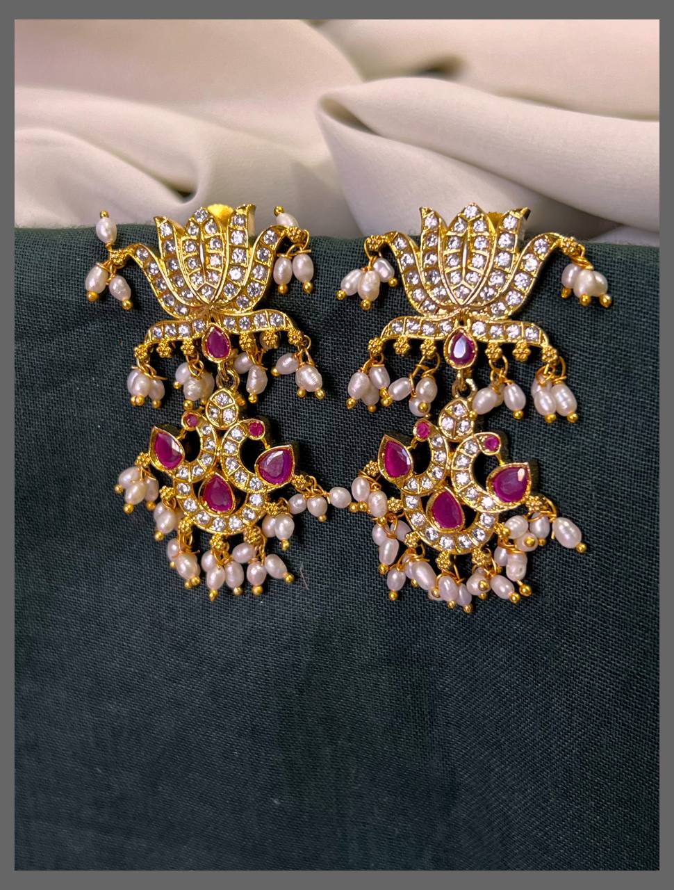 White Stone Lotus with Peacock Hugging Earring in Nakshi - NE00605