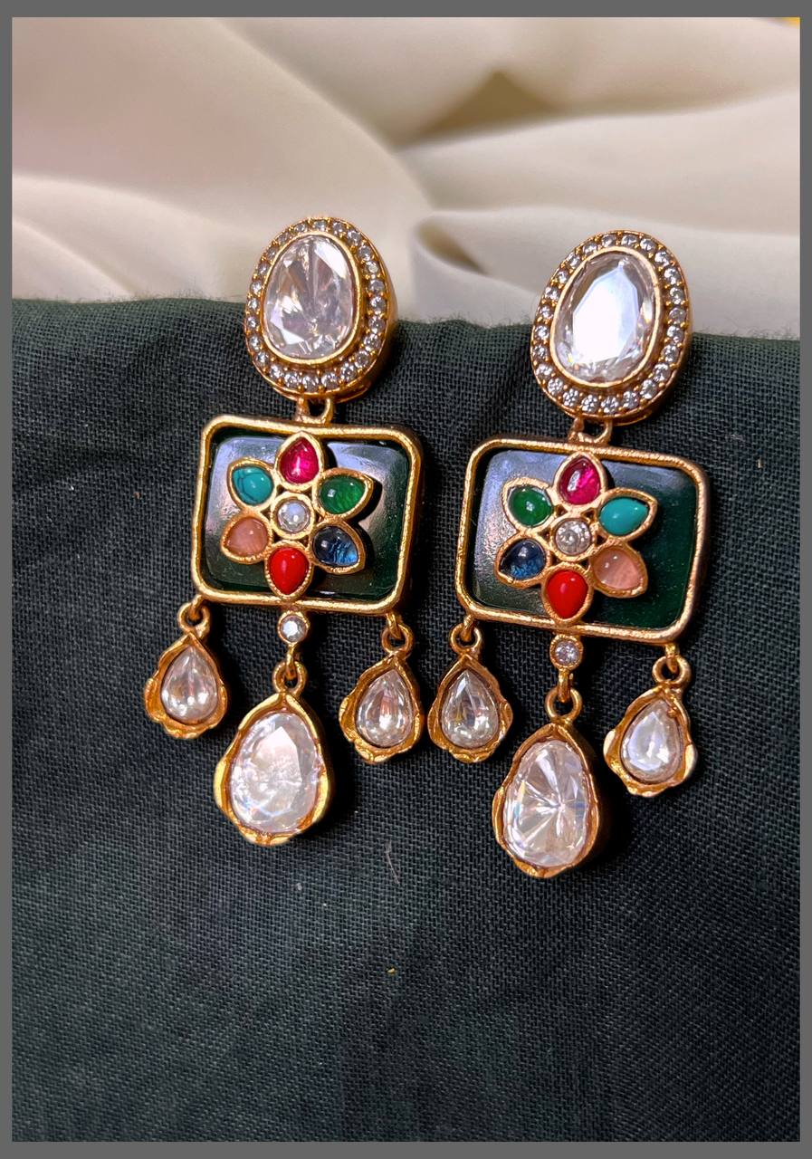 White Stone Stud with Multi colour Flower Hungging Earring in Kundan -KE00554