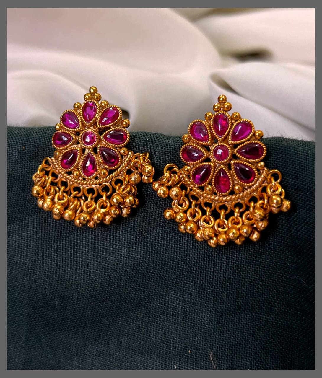 Ruby Flower Earring with Gold beads Hugging in Nakshi - NE00621