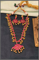 Double Side  Kempu Stone Necklace With Pearls In Nakshi - NN00787