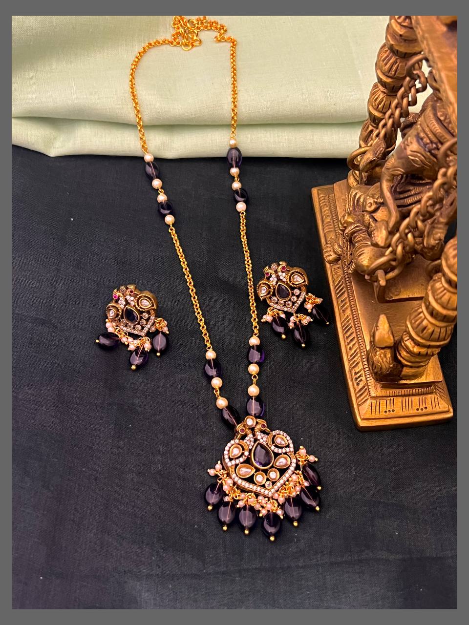 Gandaberunda Small Victorian Pendant with Purple Pearl Haram - PB00513