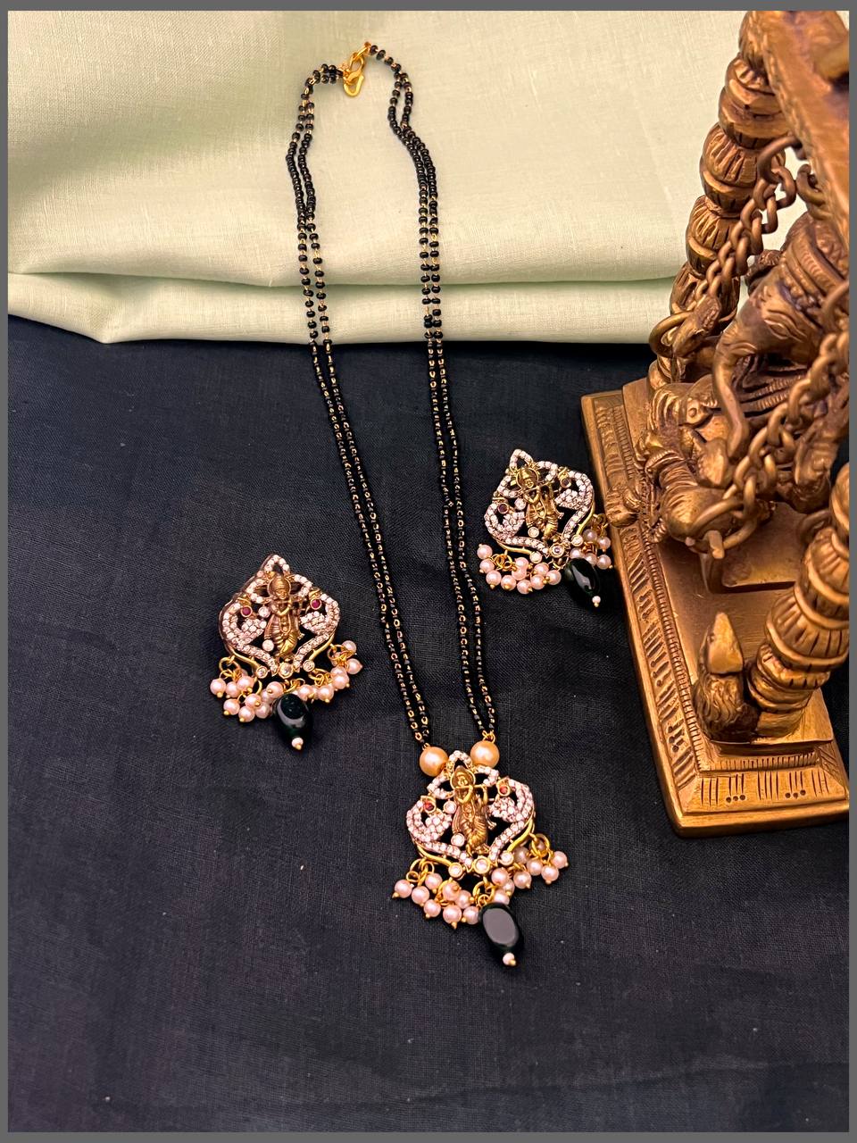 Krishna Victorian Pendant with 2 Layer Black Beads Haram - BD00137