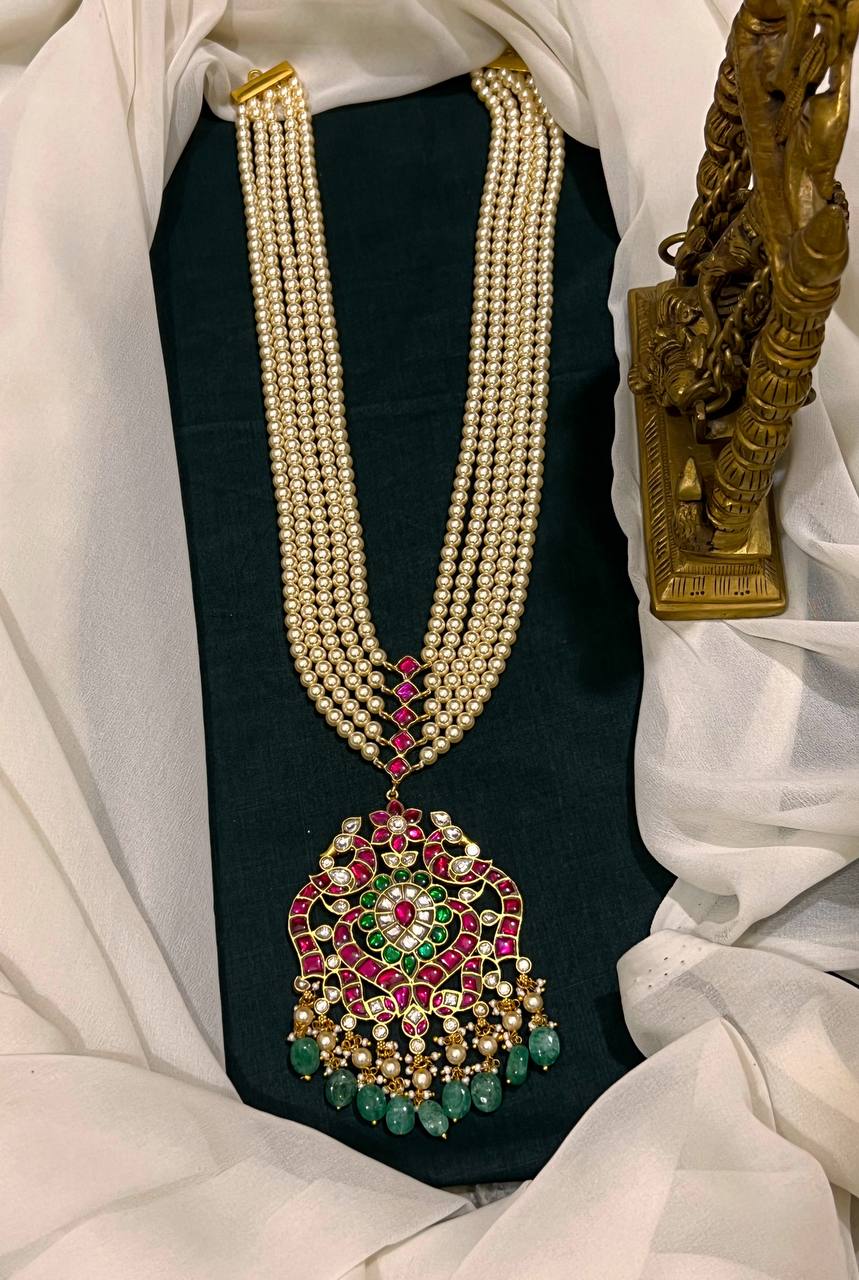 Swaroski Pearl Long Haram With Kundan Pendant -PB0055