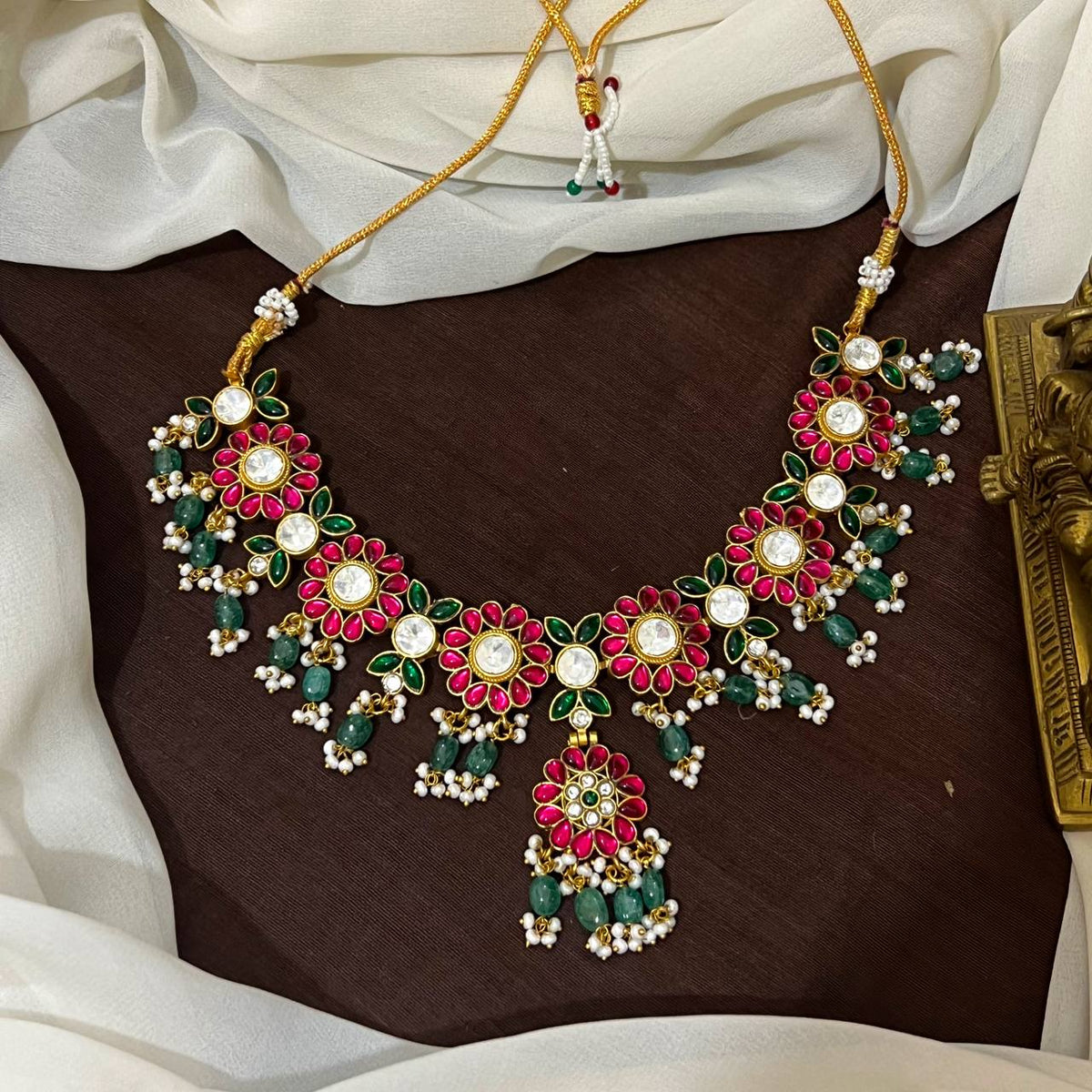Jadau Flower Necklace With Strawberry Beads - KN00208