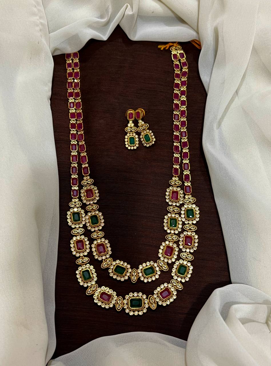 Beautiful Silver Replica Navaratna and Ruby 2 Line Haram - NH00472