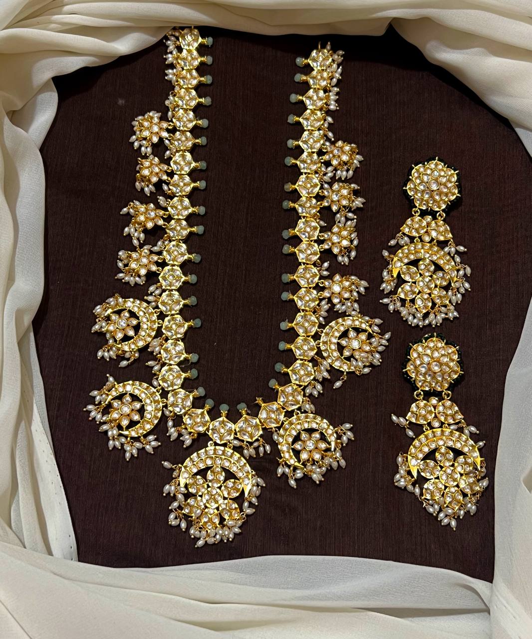 Kundan Moon White Long Haram With Big Earrings - KH00207