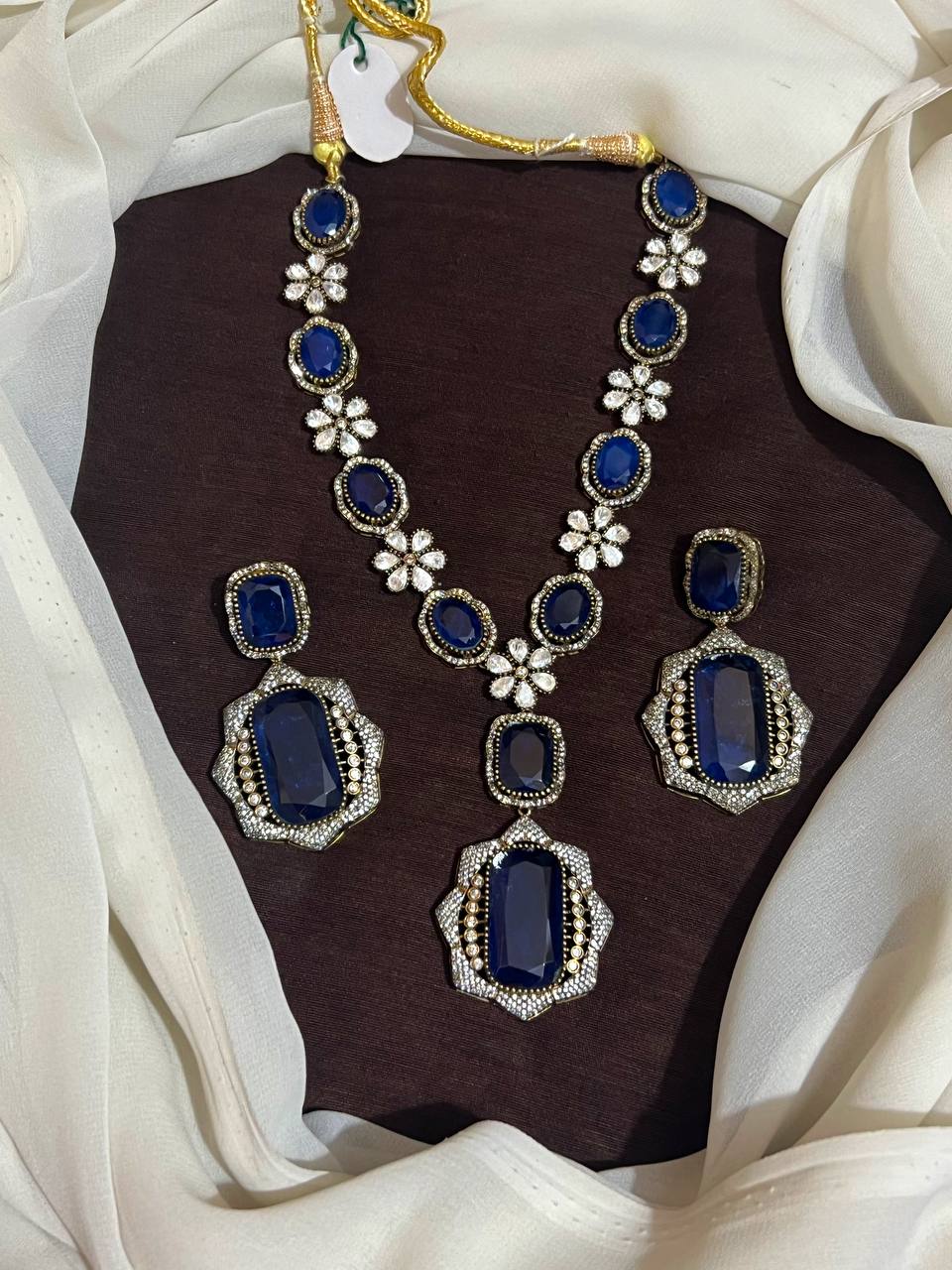 Blue Stone and Mozonite Necklace with Victorian Finish - VN00199