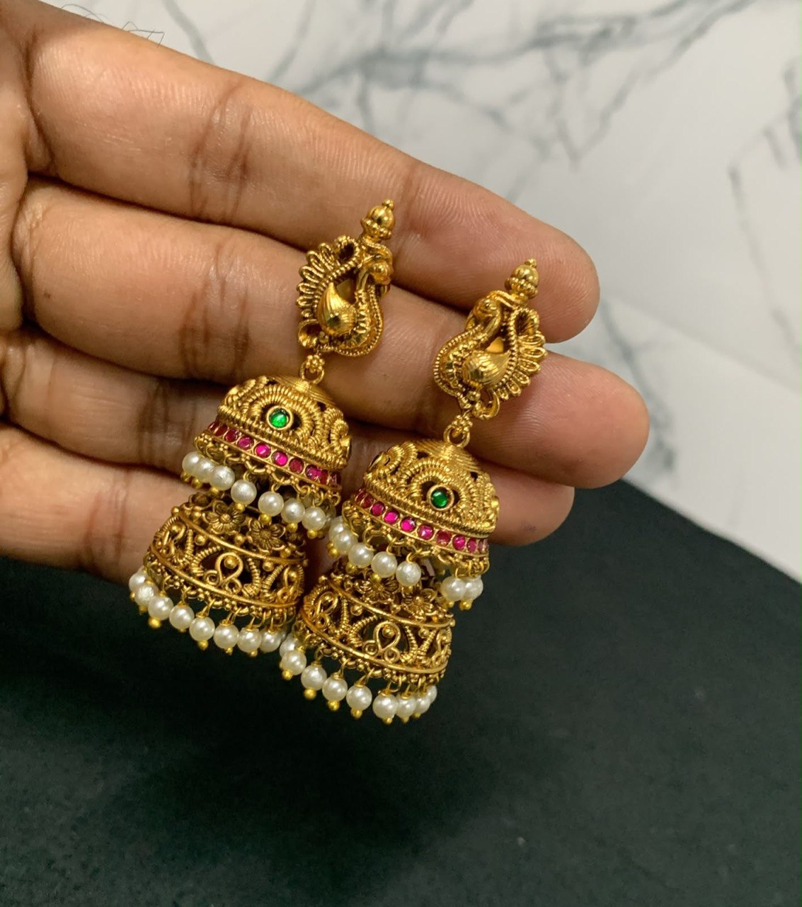 Double Step Peacock Jhumki with Jadau Stone and Pearl - KE0074