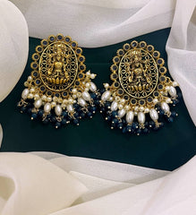 Lord Lakshmi in Dark Blue and Rice Pearl Nakshi Earrings - NE0117