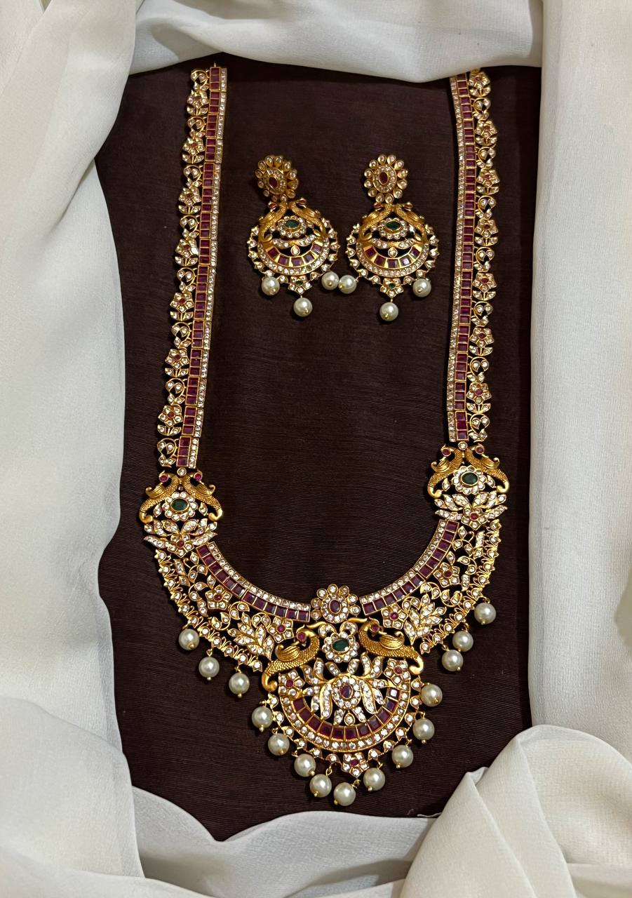 Antique Polish Nakshi Long Haram With Earrings And Kempu Stones - NH00514