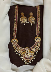 Antique Polish Nakshi Long Haram With Earrings And Kempu Stones - NH00514