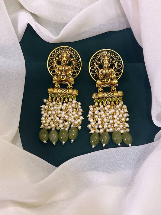 Lord Lakshmi in Mehndi and Pearl Nakshi Earrings - NE0126