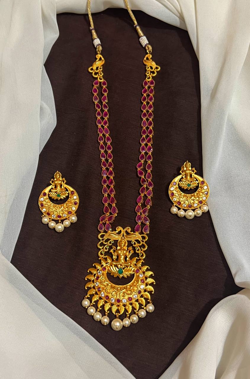 Double Line Ruby Set in Gold Polish With Earrings - NH00513