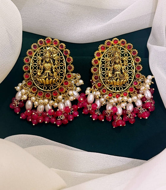 Lord Lakshmi in Pink and Rice Pearl Nakshi Earrings - NE0119