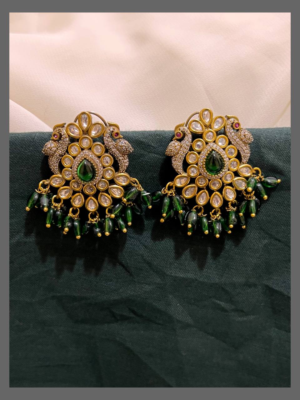 Pecock in White Stone and Green Pearl Stud Earring in Victorian - VE00188