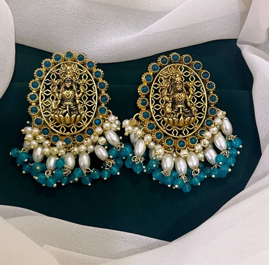 Lord Lakshmi in Sea Blue and Rice Pearl Nakshi Earrings - NE0120