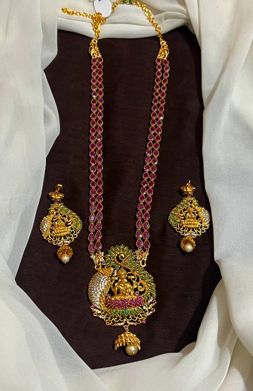 Ruby Stone Gold Polish Long Haram With Earrings - NH00502