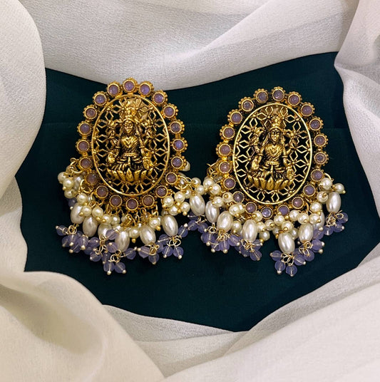 Lord Lakshmi in Lavender and Rice Pearl Nakshi Earrings - NE0121