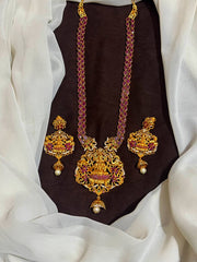 Ruby Stone Gold Polish Long Haram With Earrings - NH00502