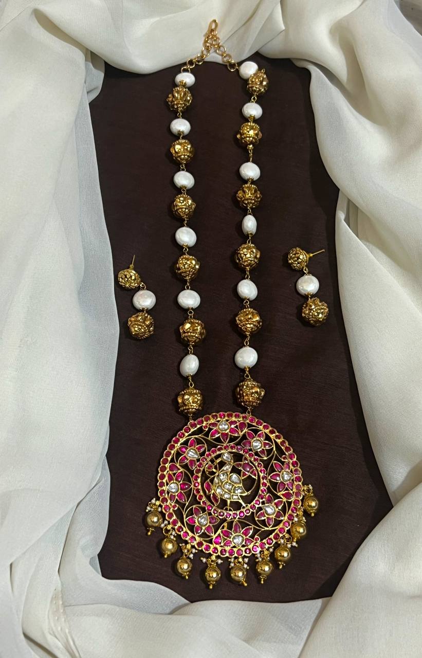 Jadau Ruby Big Pendant With Pearl Amd Nakshi Ball Chain With Earrings - PB00612