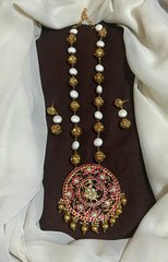 Jadau Ruby Big Pendant With Pearl Amd Nakshi Ball Chain With Earrings - PB00612