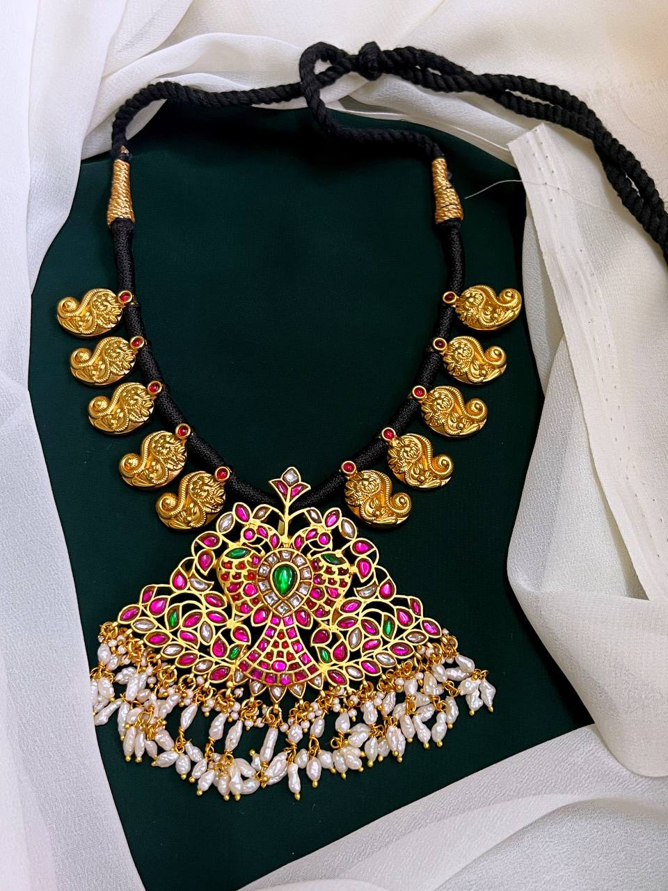 Peacock rice pearls pendant with black dori - BD0011 pre book 7-10 days