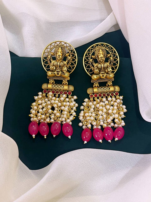 Lord Lakshmi in Pink and Pearl Nakshi Earrings - NE0123